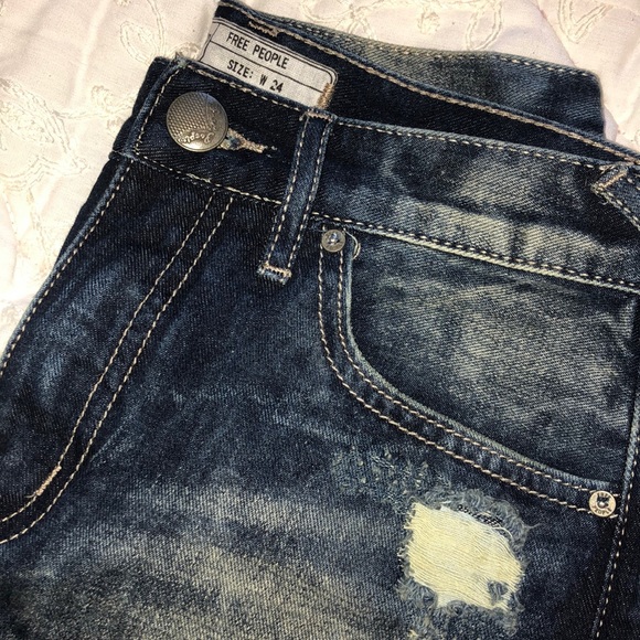 Free People Distressed Denim Shorts with Lace Trim, Size 24 - Picture 3 of 3